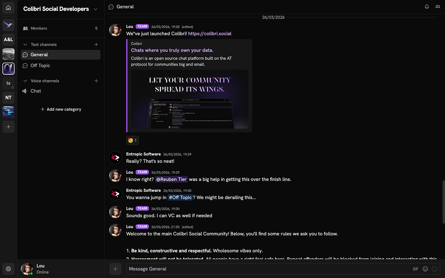 A screenshot of the Colibri App UI, with a 'General' channel visible, showing a conversation between two users.