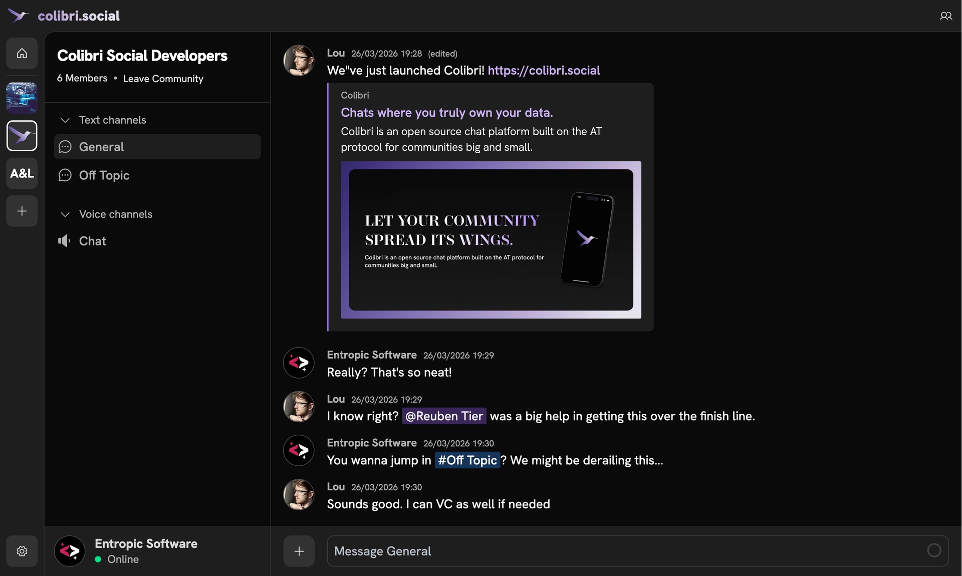A screenshot of the Colibri App UI, with a 'General' channel visible, showing a conversation between two users.