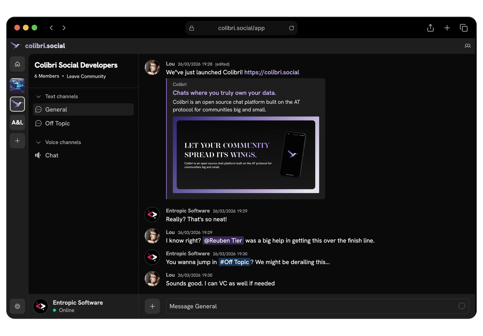 The Colibri app open in a desktop browser.