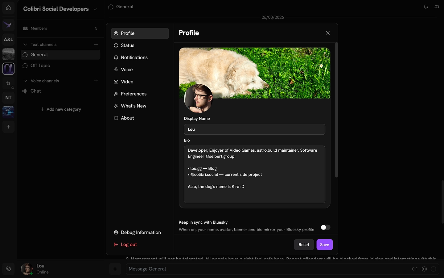 A screenshot of the Colibri App UI, with the user settings for the user's profile visible.